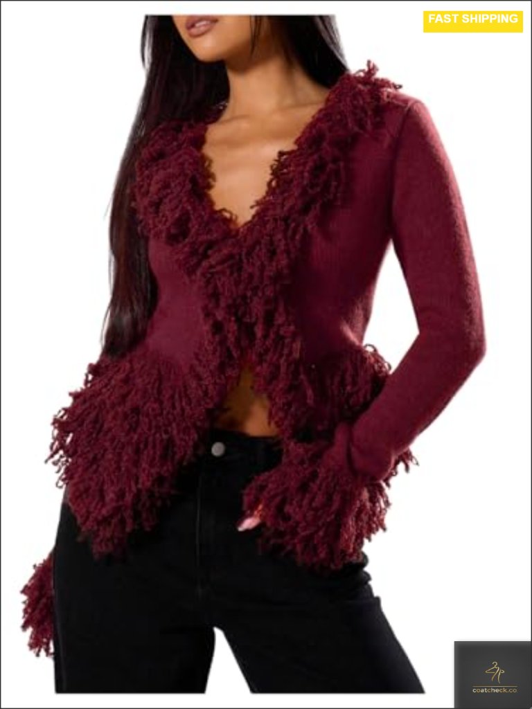 Fuzzy Trim V Neck Cardigan Sweater Long Sleeve Knit Outerwear Goth Punk